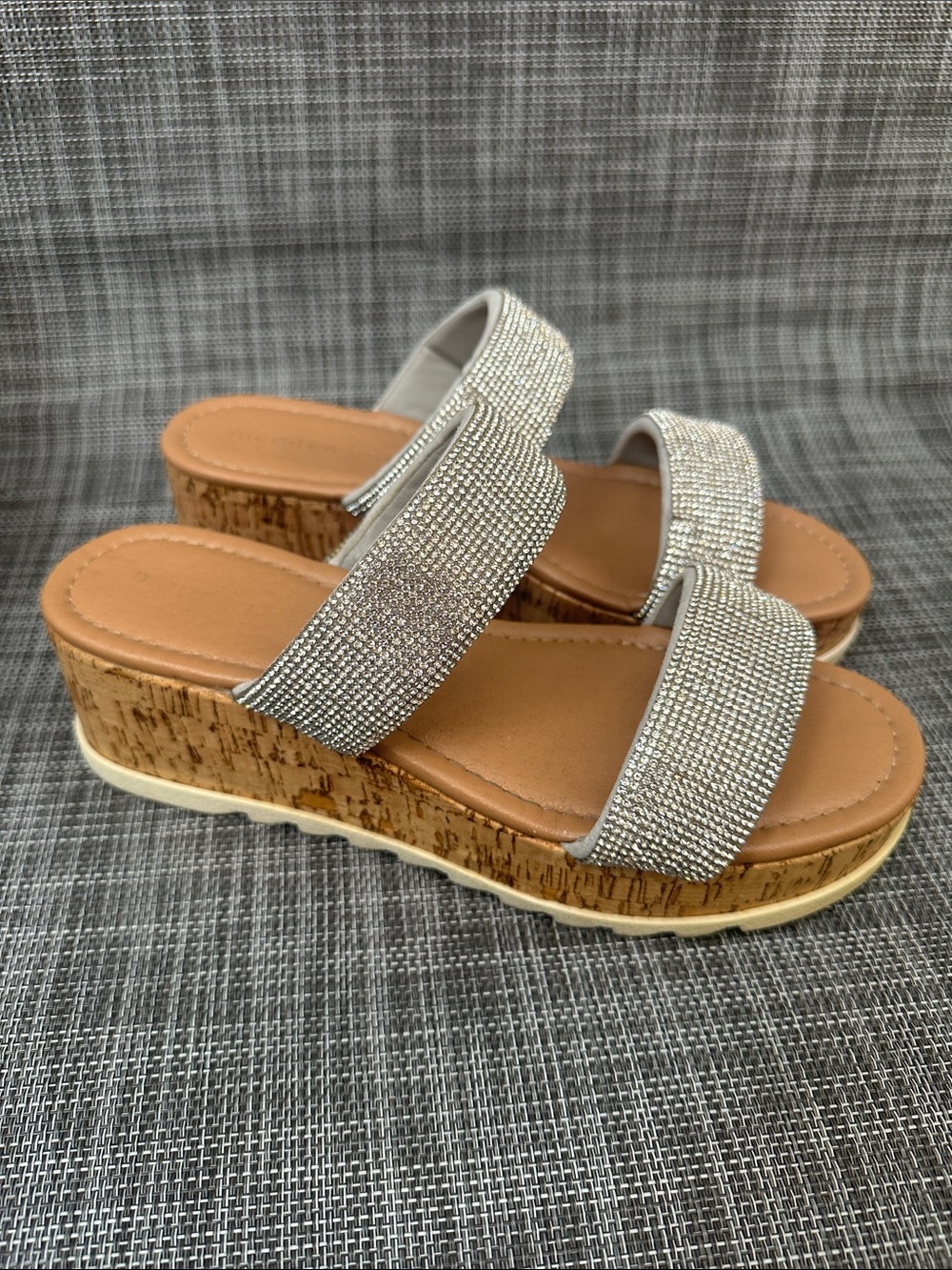 Madden Girl Silver Rhinestone Cork Wedge Slides